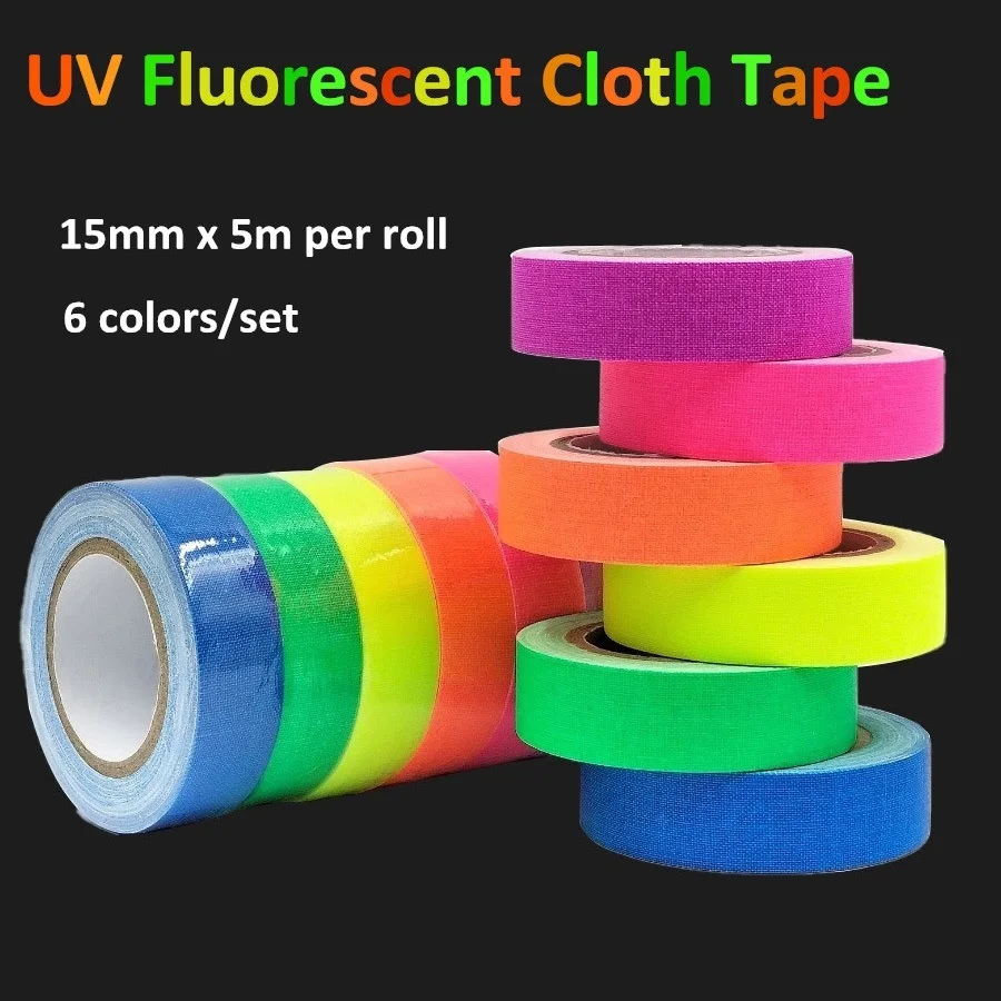 6Pcs UV Fluorescent Cloth Tape - High Adhesion Wear-Resistant Fabric Tape for Photography/Stage Marking/Prop Positioning