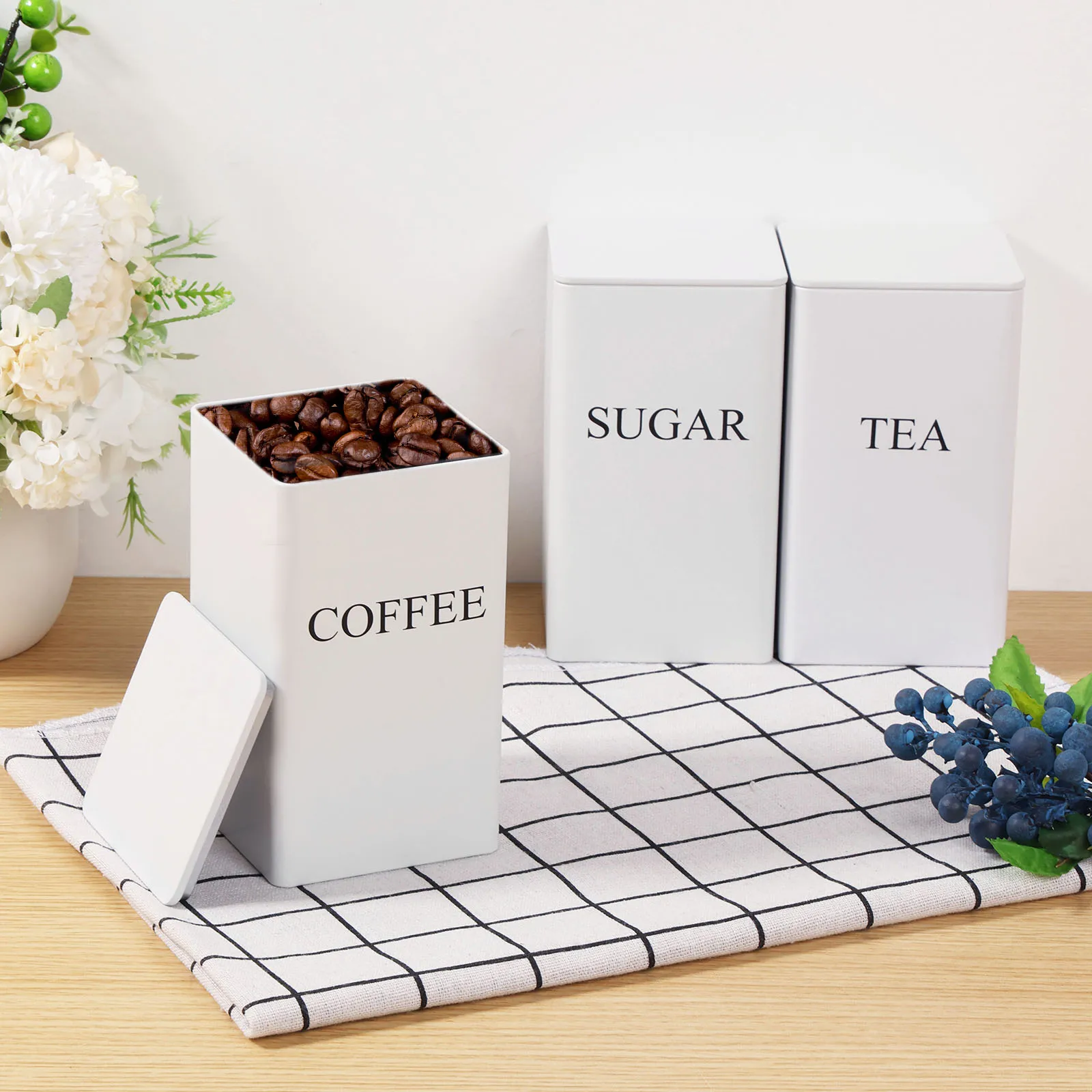 3PCS White Metal Canisters Sugar Coffee Tea Storage Jars for Kitchen Countertop Round with Bamboo Lid Farmhouse Country Kitchen