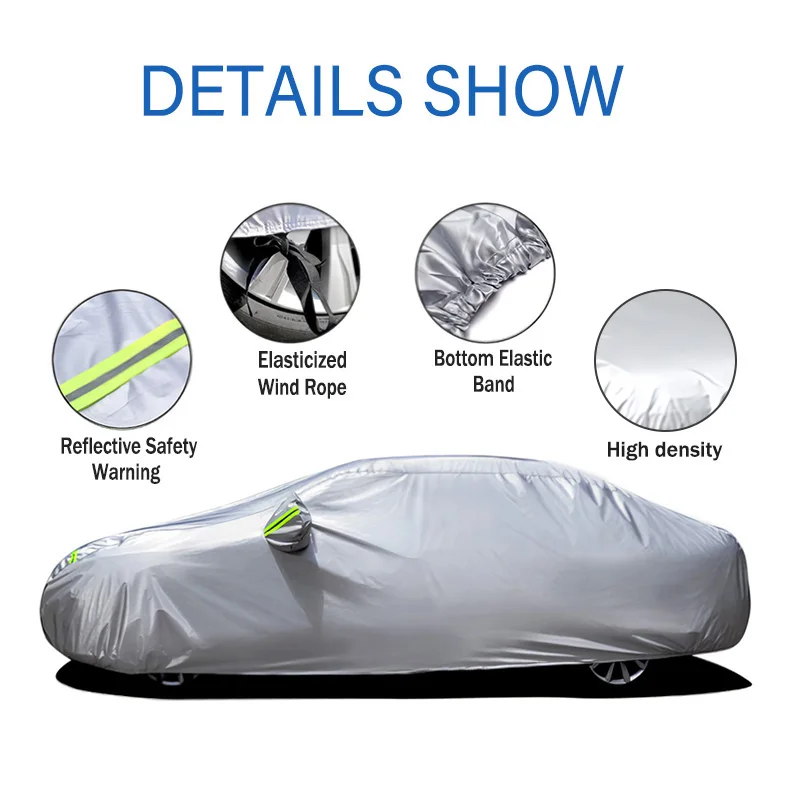 High Quality 190T Silver Coated Full Body Car Cover Outdoor Sun‑Reflective Snow Dust Protective Shell Fit Hatchback Sedan