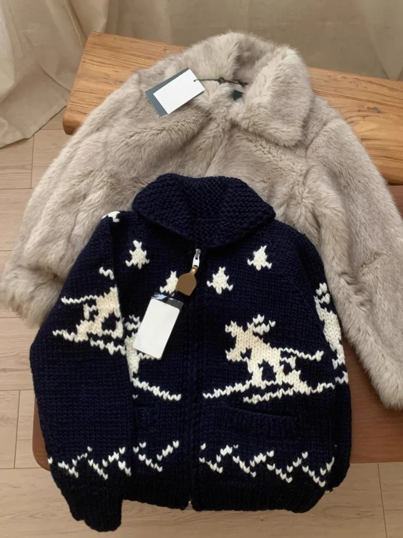2024 New Inner Winter Atmosphere Ski Jacquard Lapel Sweater Trendy Navy Blue Knitted Cardigan Jacket For Women