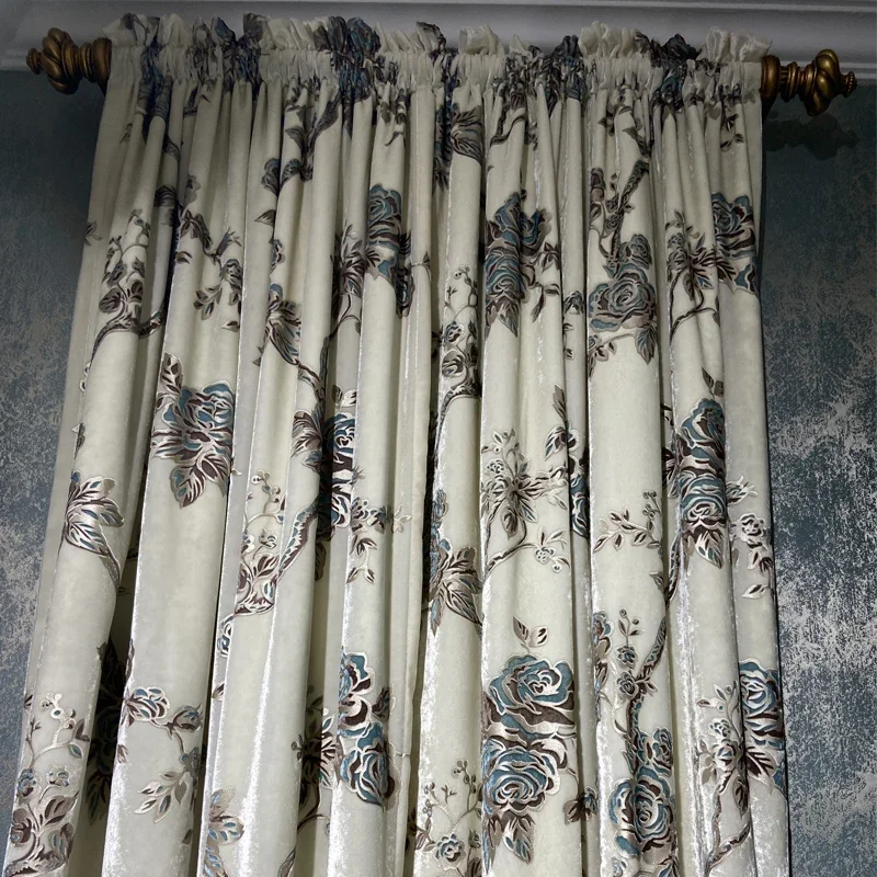 White Flowers Gilded Embroidery Velvet Thickened Blackout Curtains for Living Room Bedroom Villa French Window Customized