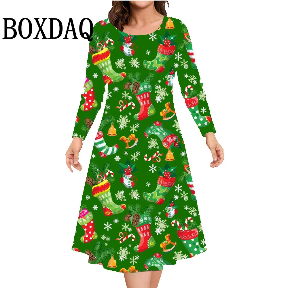 Vestidos femininos de Natal com estampa 3D, manga comprida, festa temática, vestido A, inverno, casual, solto, plus size, 9XL