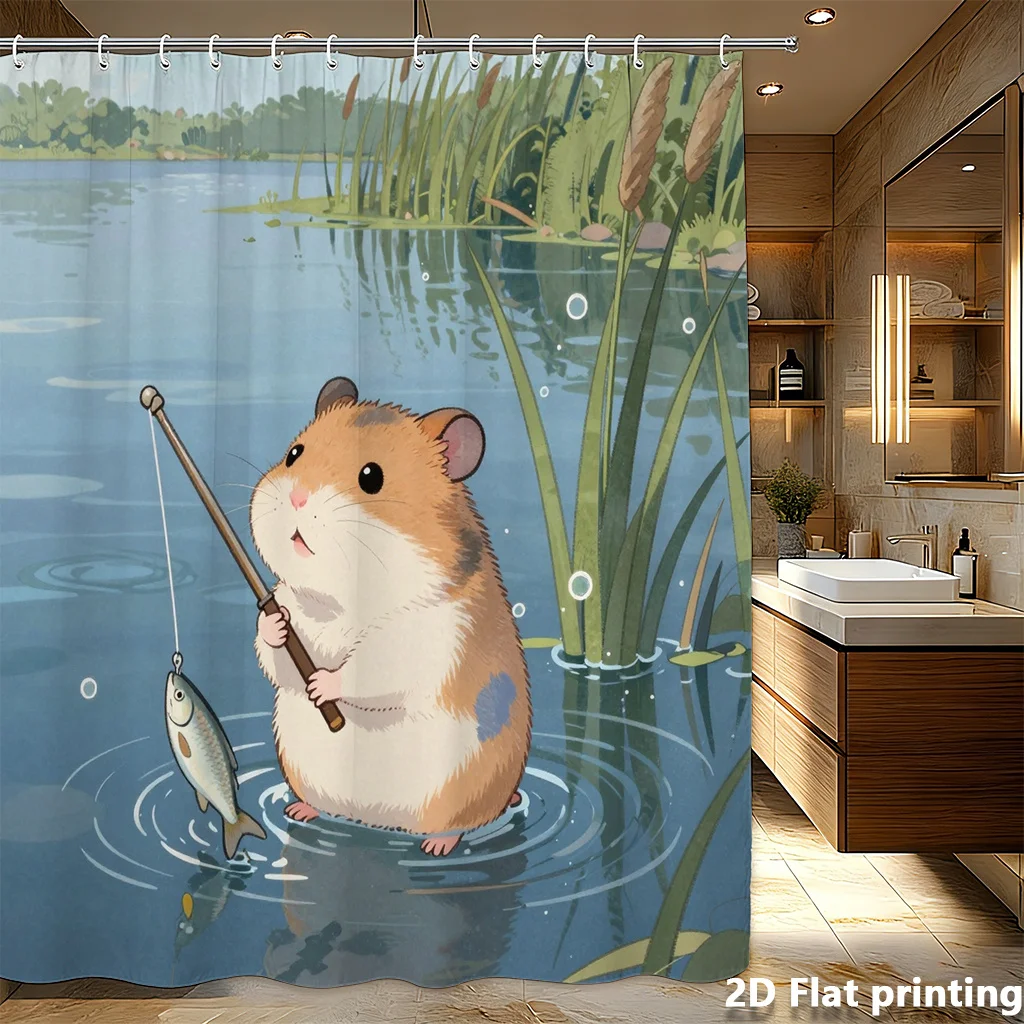 かわいいハムスター釣りシャワーカーテンライトブルーグリーン池シーン2dフラット印刷防水バスルーム装飾グロメット付き