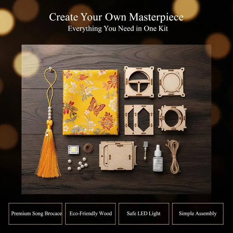 Handheld Retro Toy Handmade Brocade Lantern DIY Glowing Creative Wooden Lamp Kit Portable Vintage Mid Autumn Craft Moon