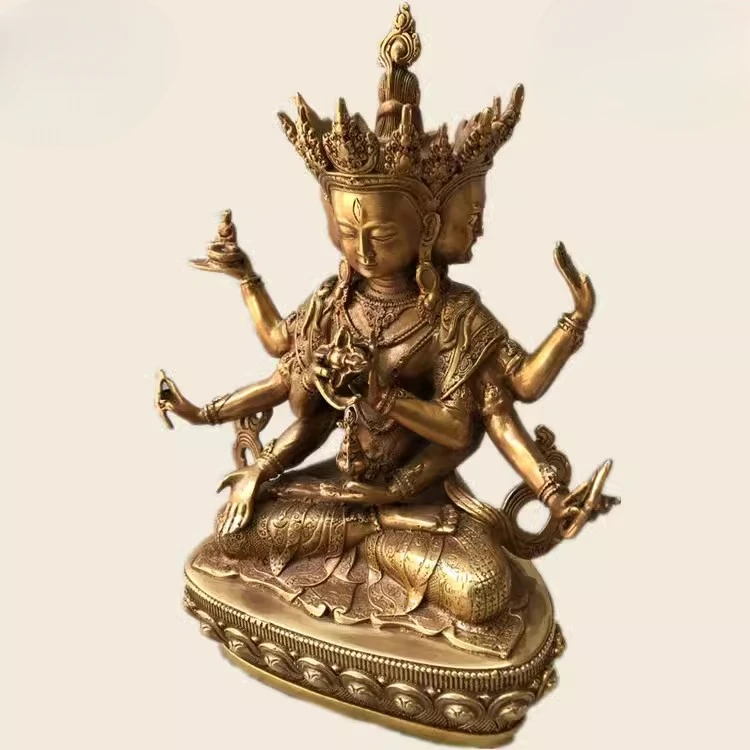 21cm Nepalese Tantric Sect Copper Three Sided Eight Arm Namgyalma Brass Buddha Statue Ornament