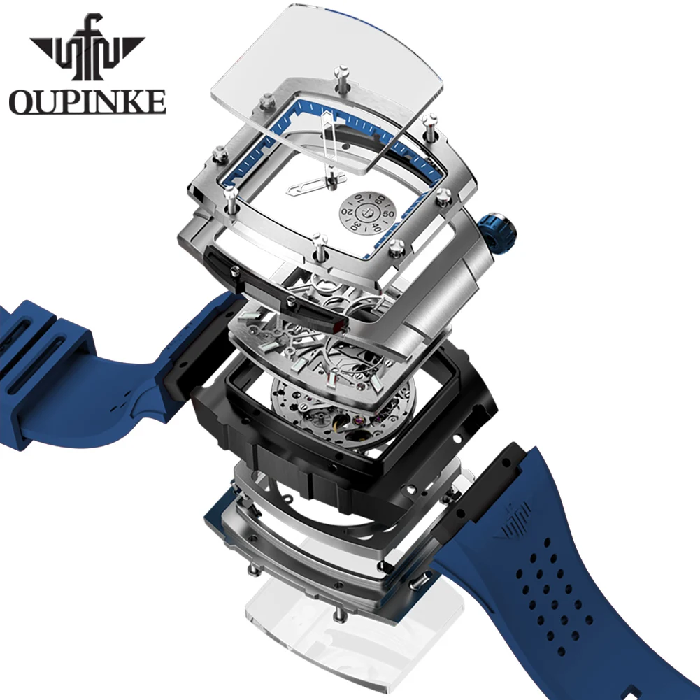 OUPINKE Skeleton High Quality Mens Automatic Watch Silicone Strap Luxury Mechanical Wrist Watch Men Waterproof Watches for Men