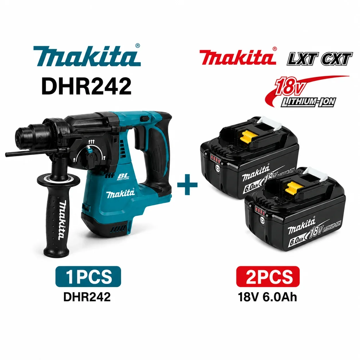 Makita DHR242 18V LXT Bürstenloser Akku-Bohrhammer 24mm SDS Plus 2,0J 4700 BPM 3-Modus Beton-Bohrwerkzeug-Set mit BL1860B BL1840 Akku-Ladegerät