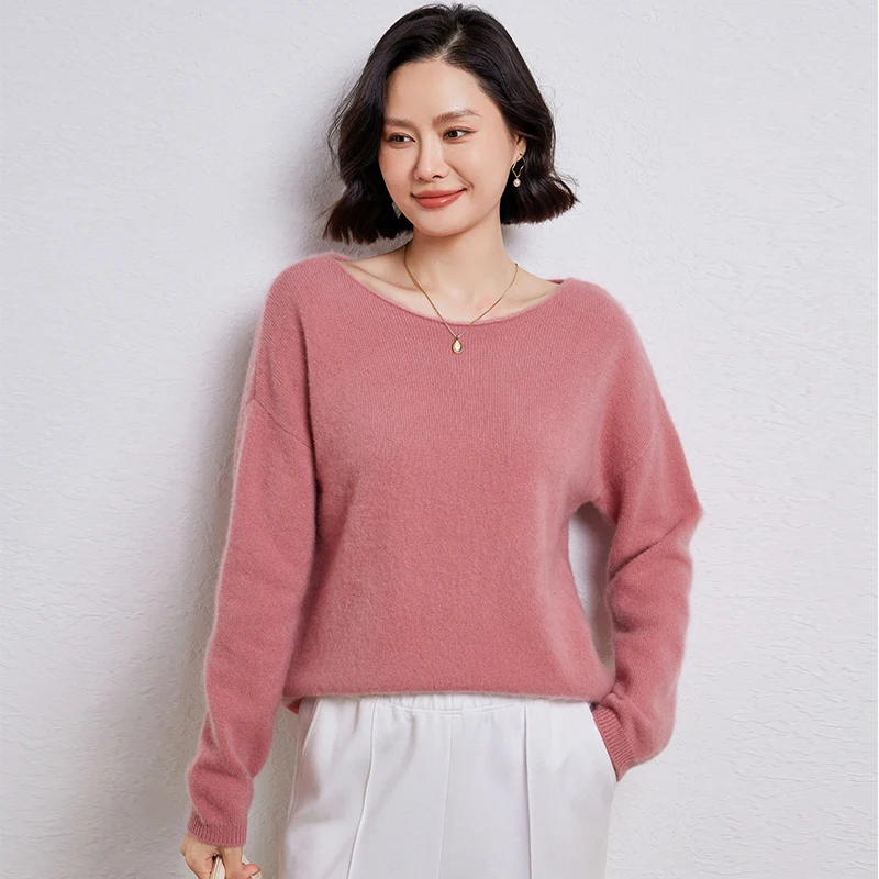 Spring Autumn New 100% Wool Sweater Women\'s One Character Collar Knitted Pullover Casual Loose Large Size Women\'s Clothing Tops