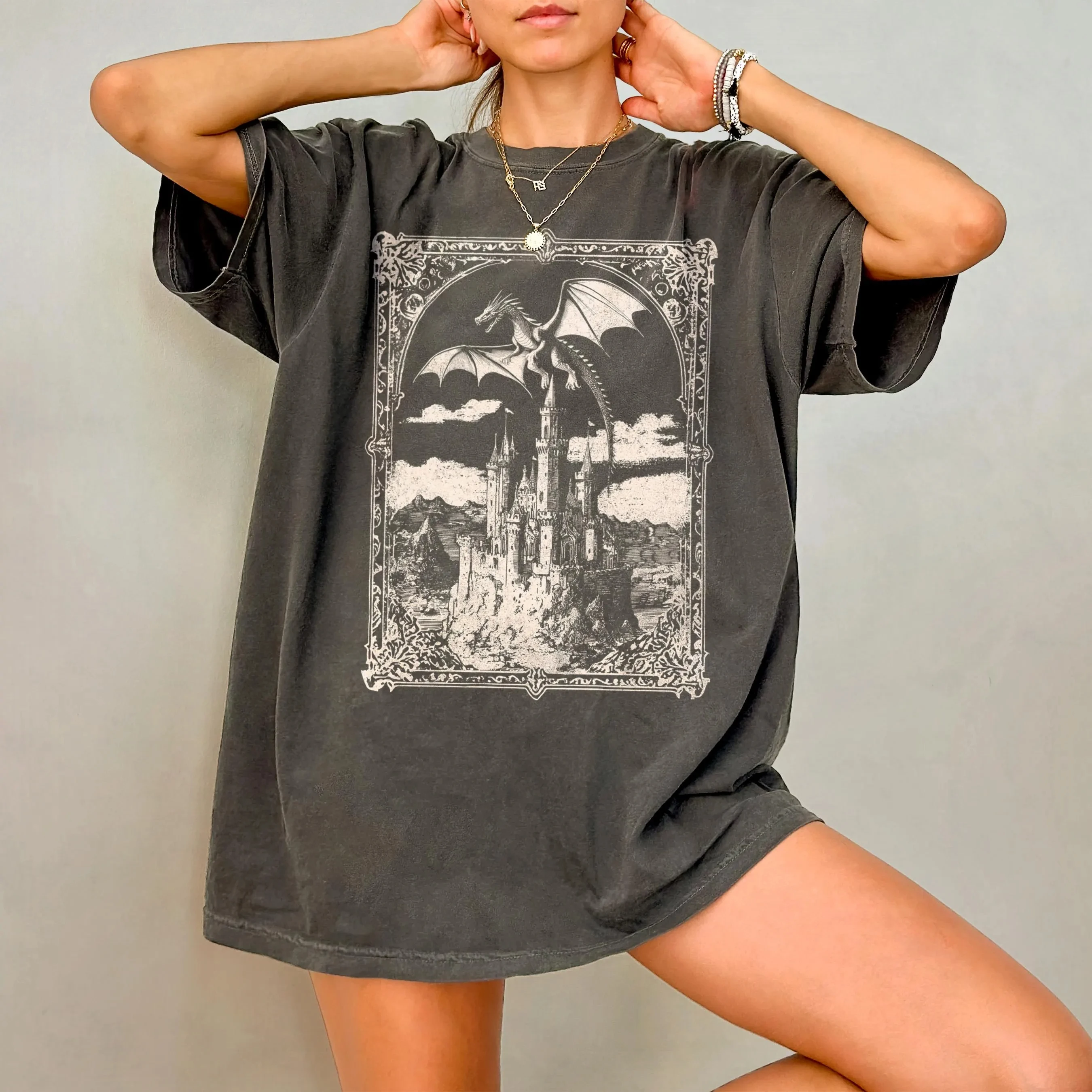 Vintage Dragon Pattern Dark Medieval Style Shirt, Art Shirt, Fantasy Novel Reader Gift, Castle Core Dragon Theme Enthusiast Gift