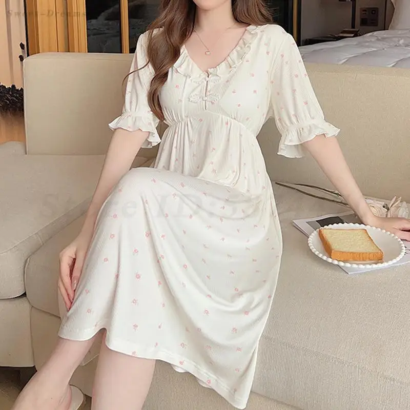 

Printed Female Nightgown Sleepwear Spring Summer Modal Nightdress Intimate Lingerie Sexy V-Neck Nightwear Loose Home Dress Gown