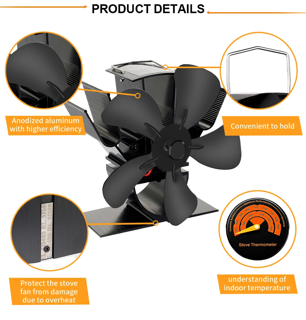 Imagem -04 - Mini Ventilador de Fogão Movido a Calor Eco-ventilador Queimador de Madeira Ventilador Silencioso Lareira Distribuição de Calor Eficiente Lâminas