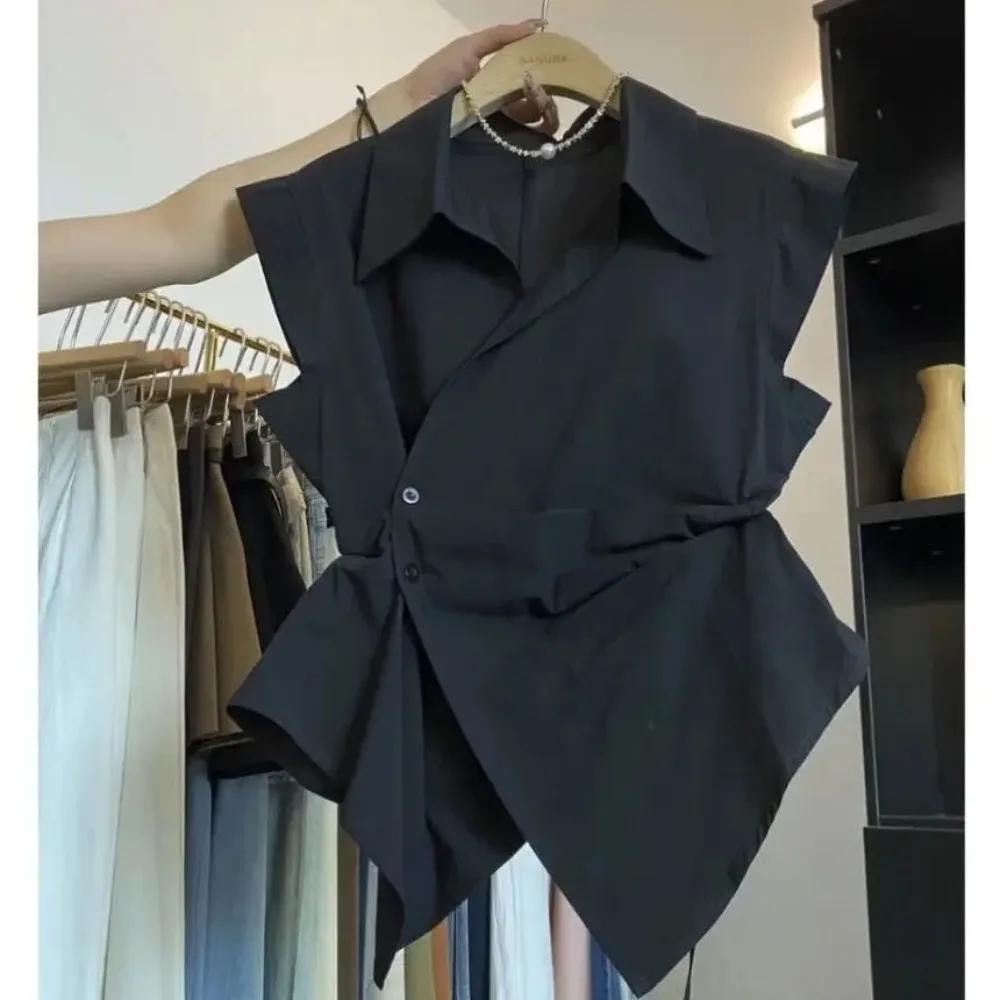 

Women's French Style Solid Color Pleated Polo Collar Sleeveless Cropped Shirt 25 Summer Fashion Blouse Irregular Hem Casual Tops