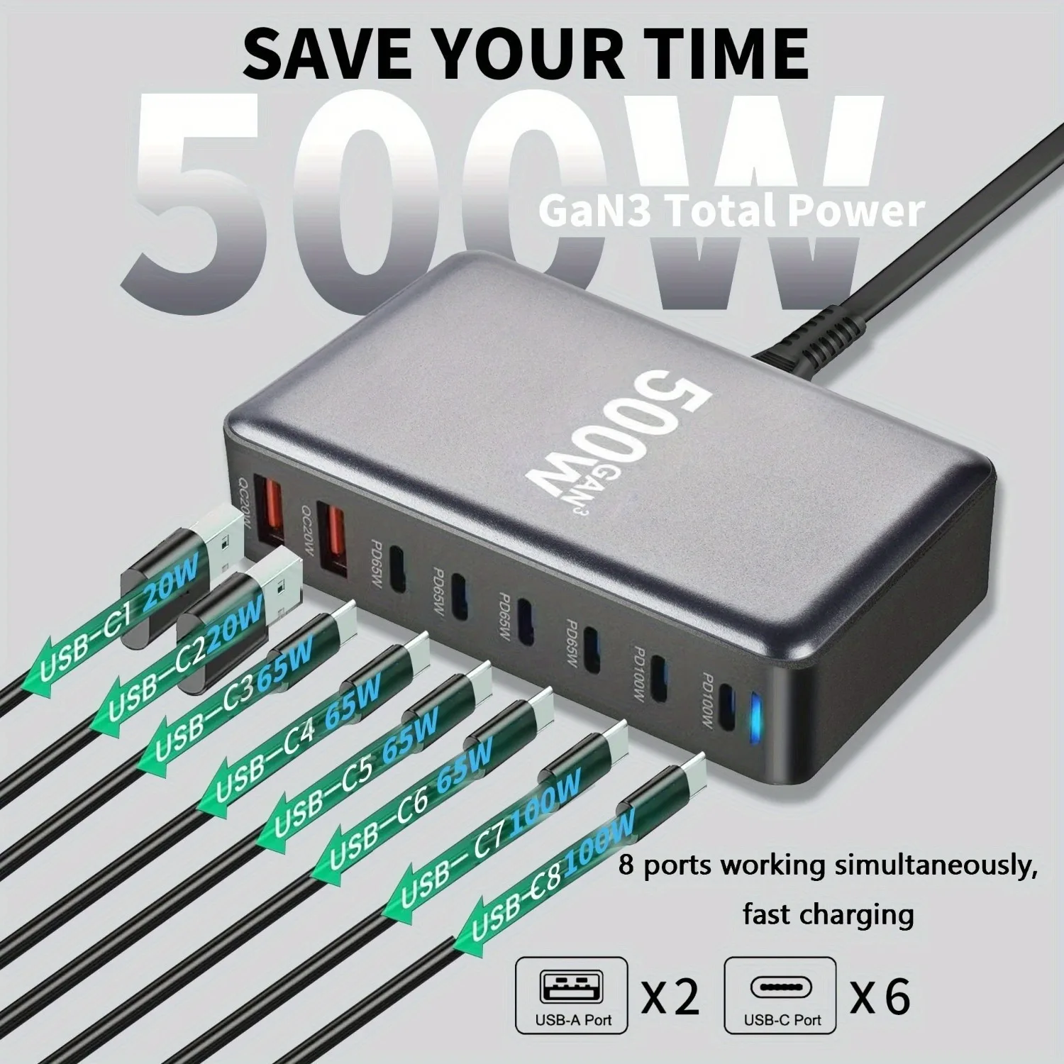 

500W GaN Fast Charger Station, 8-Port USB PD & Quick Charge 3.0, 2 USB and 6 Type C Fast Charging Power Adapter for Cellphones,