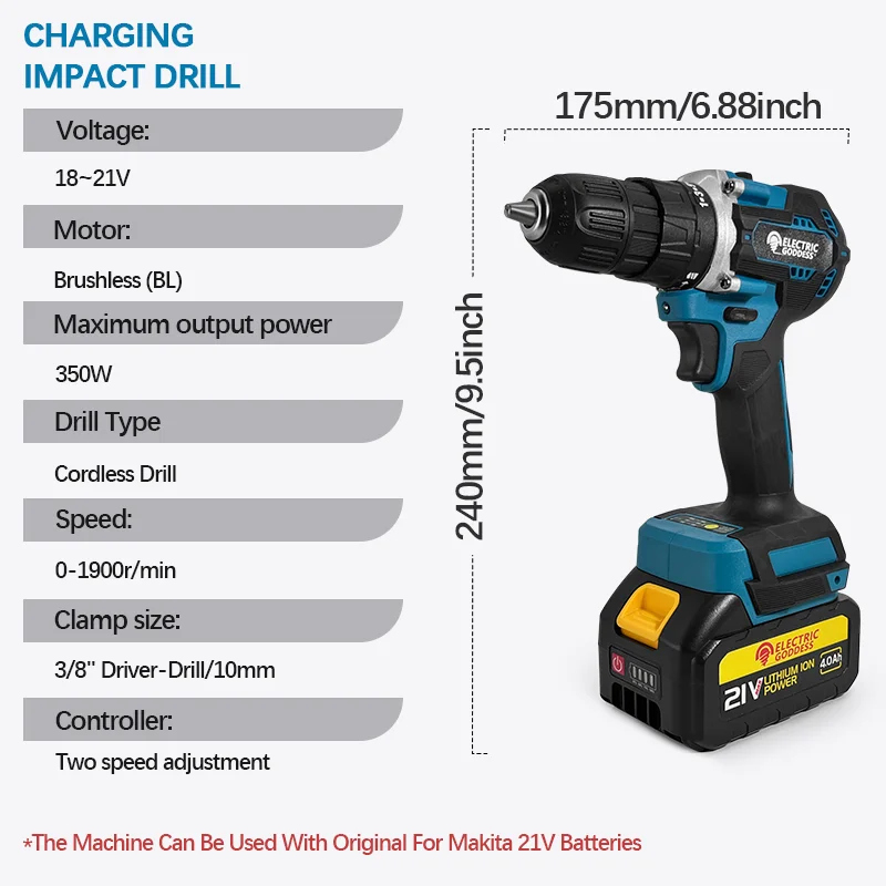 Electric Goddess DDF485 10MM LXT Brushless Motor Electric Impact Drill Cordless Driver Power Tool For Makita 18V Battery ﻿