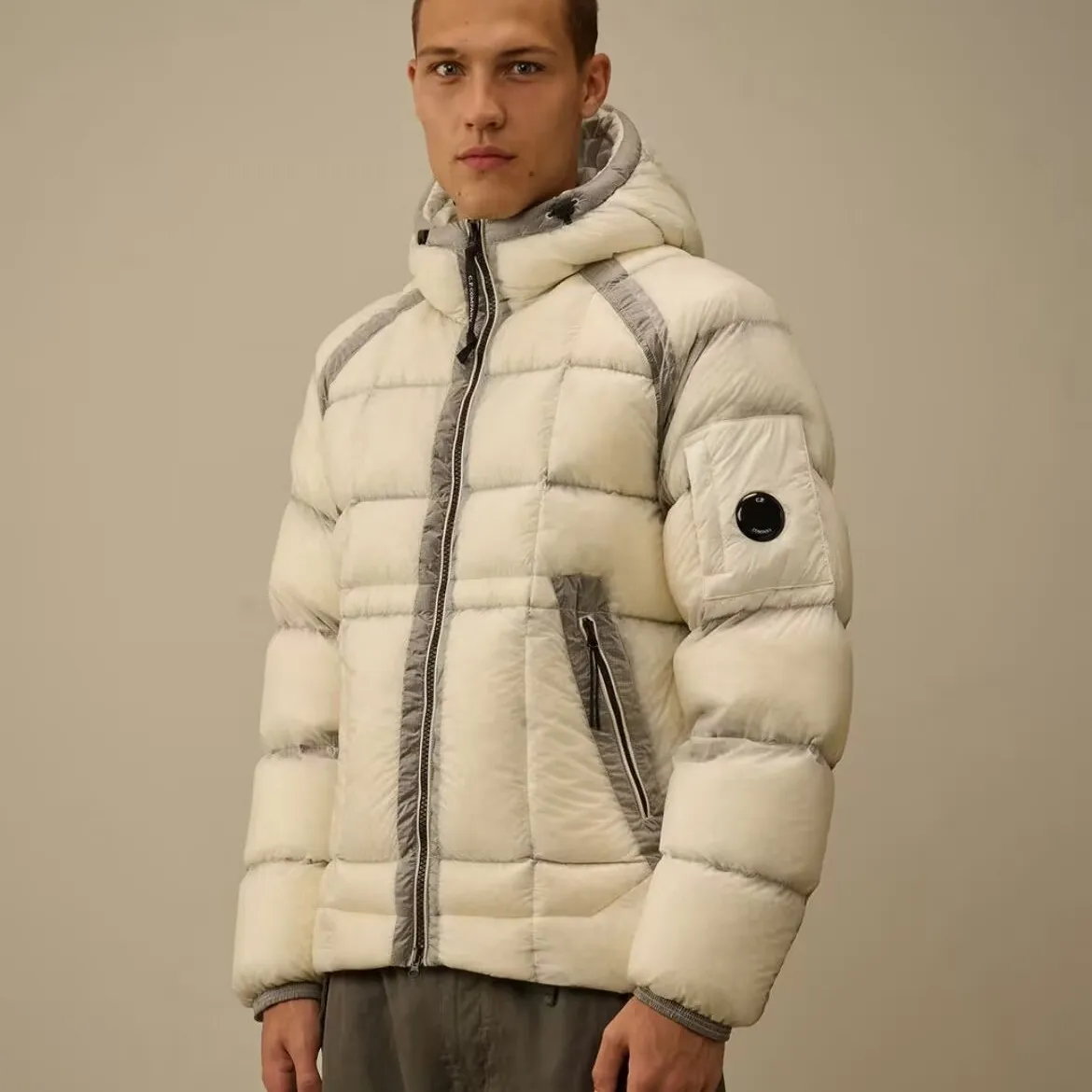 Japanese Style Outdoor Function Street Company Fluffy Warm Embroidered Plaid down Cotton Jacket Coat Long Sleeve Hooded