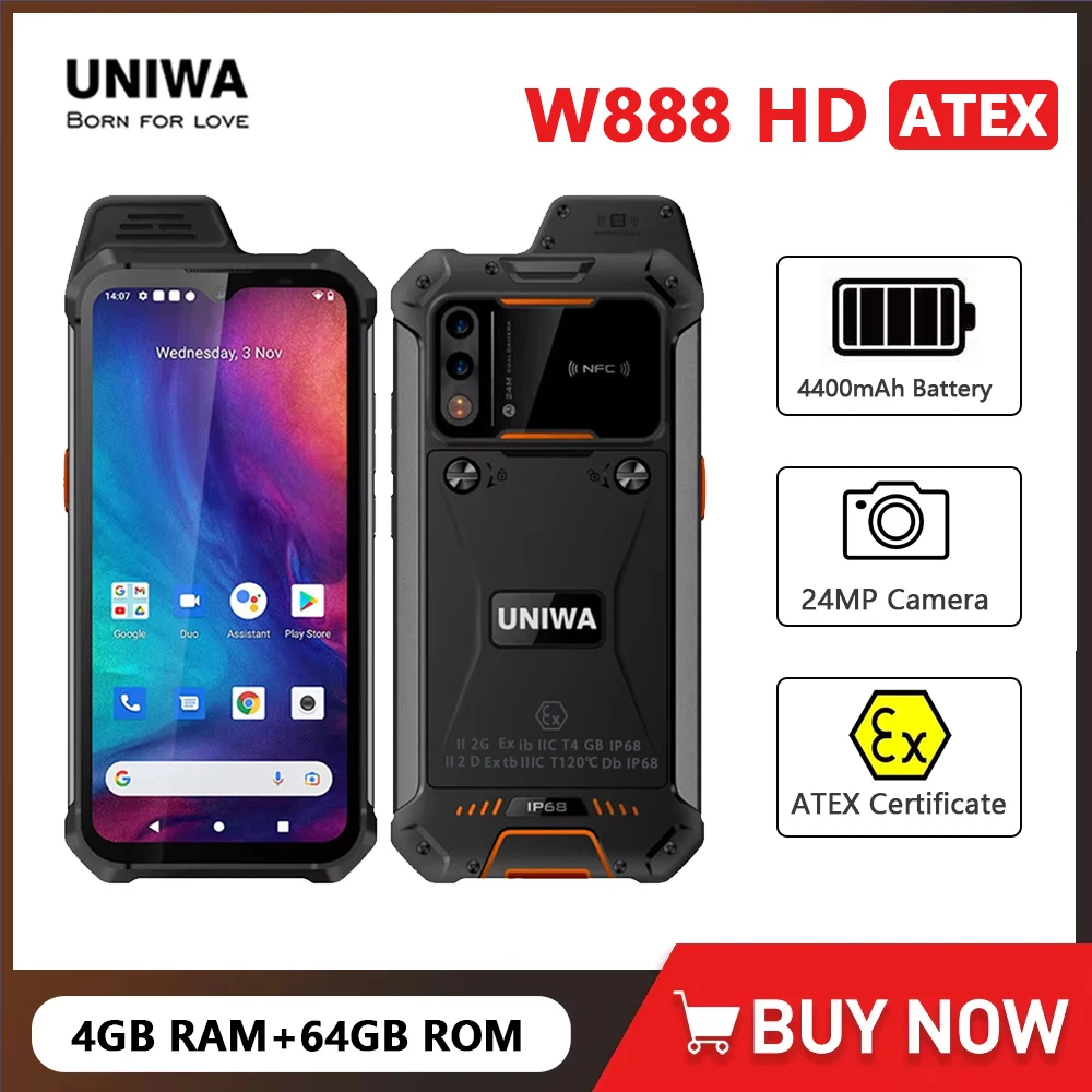 UNIWA W888 ATEX 방폭 IP68 무전기 6.3인치 HD 옥타코어 4GB 64GB 4400mAh 스마트폰 안드로이드 NFC 인증