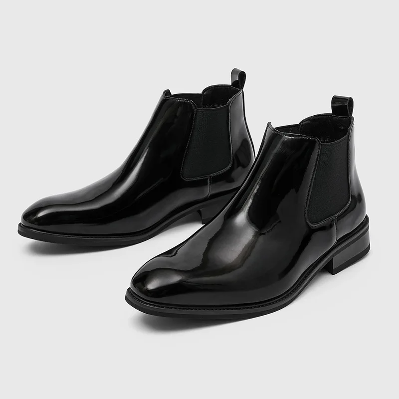Patent Leather Mens Chelsea Boots Luxury Handmade Quality 2026 Autumn British Style Pointed Toe Elegant Wedding Social Shoes Man