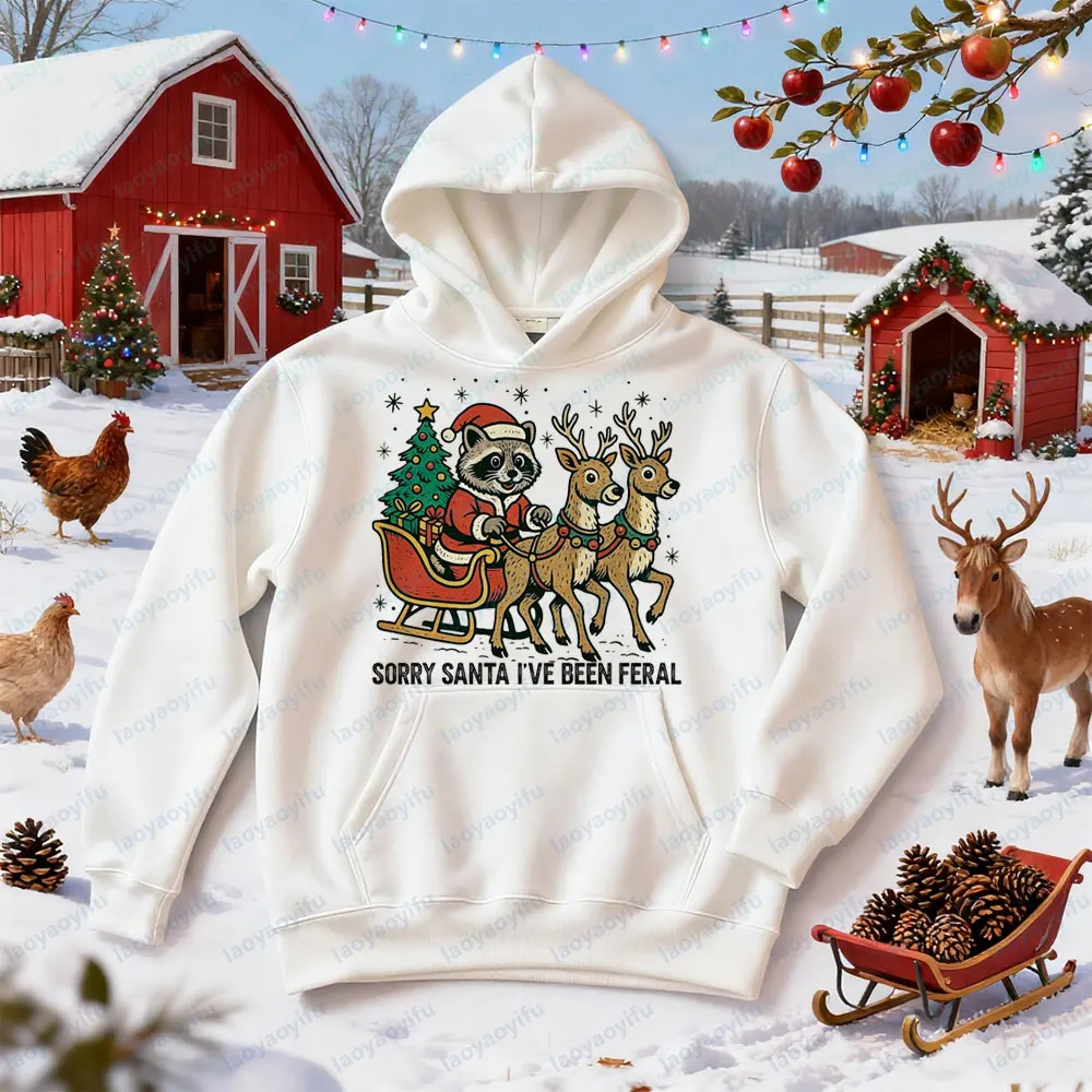Sorta Merry Sorta Feral مضحك الراكون عيد الميلاد هوديس وقح لطيف الحيوان الملابس عيد الميلاد الرنة مزلقة قميص مطبوع المرأة هوديي