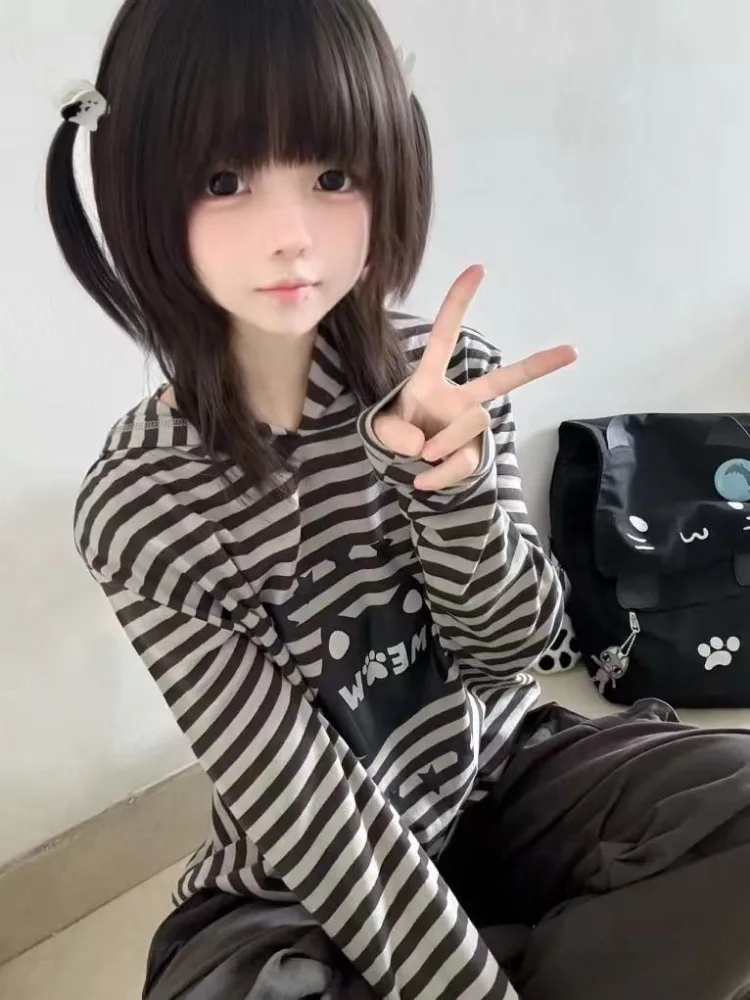 Japanese Sweet Cute Y2k Harajuku Hoodie Anime Cartoon Print Hooded Tops Loose Striped T-shirt Long Sleeve Streetwear Women Trend