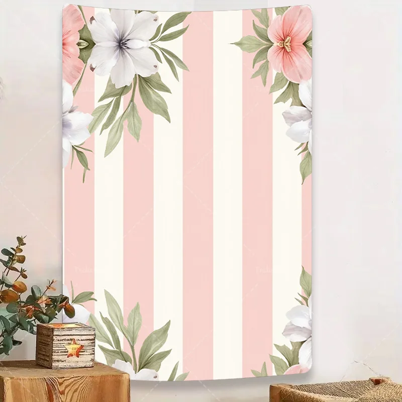 

1pc Wall Tapestry Chic Pink Stripe Floral Tapestry for Boho Room Decor