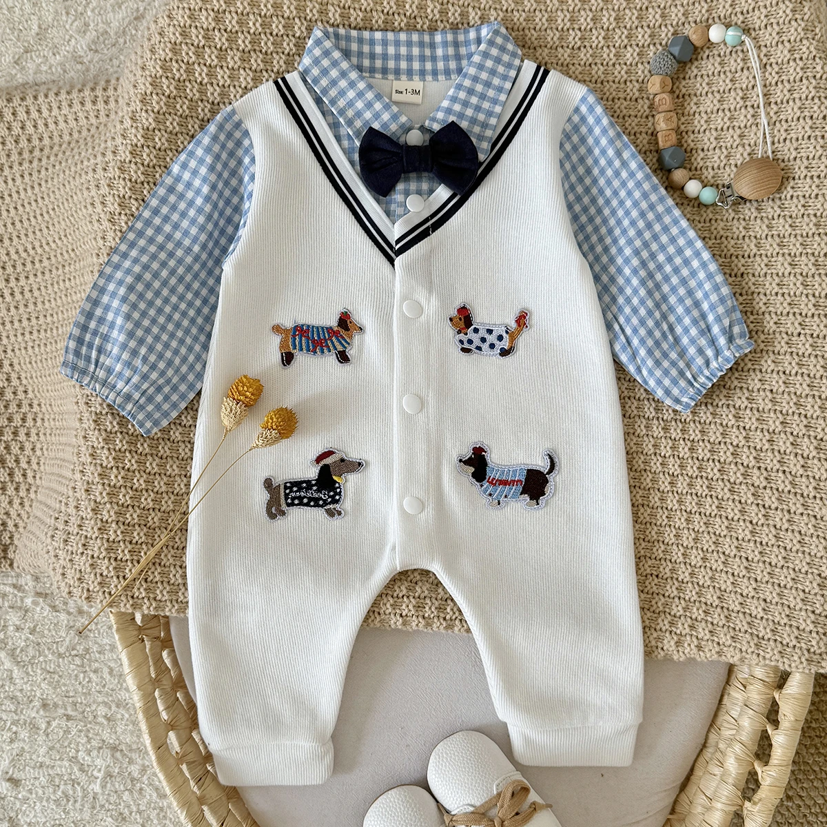 Spring Autumn Baby Fake Two Piece Dachshund Embroidery Romper, Boys Blue Plaid Lapel Button Birthday Formal Jumpsuit Outfit