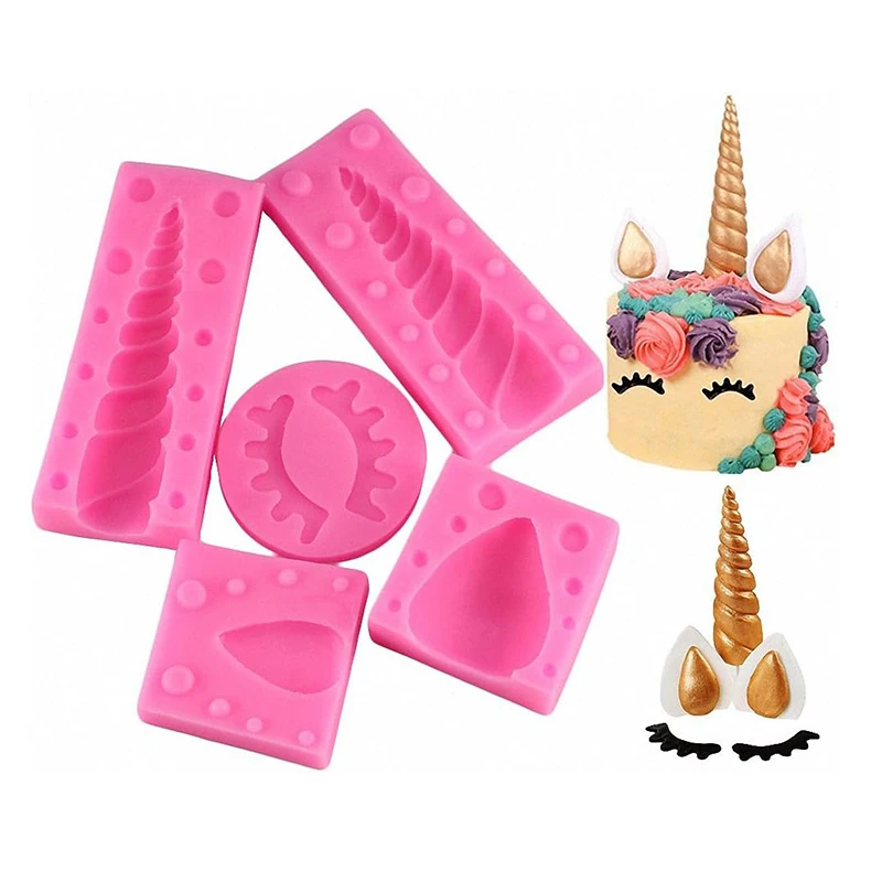 Unicorn Fondant Mold Set For Birthday Cake Decoration 3D Horn Ear Eyelash Silicone Mould Cupcake Toppers Chocolate Kitchen Tools