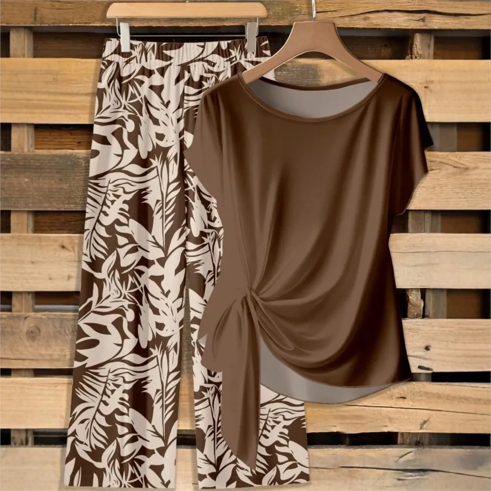 New Printed O Neck Short-sleeved T-shirt Trousers Women's 2-piece Set Fashion Knotted Top Wide-leg Trousers Casual Daily Suit - view 2