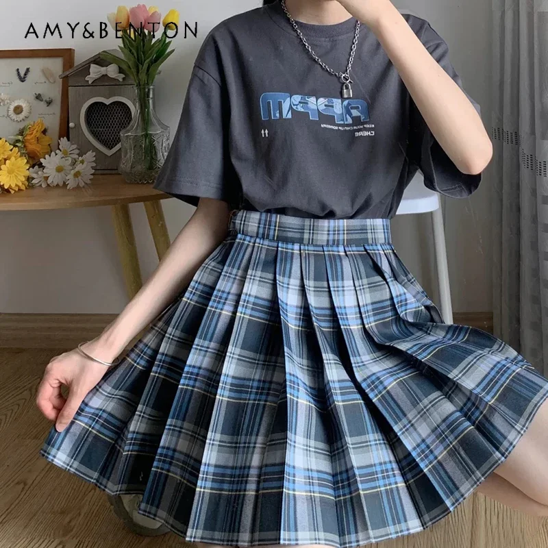 

2024 New Japanese Original Jk Uniform College Style Summer A Line Waist Slim Blue Plaid Fashion Versatile Pleated Skirt For Girl