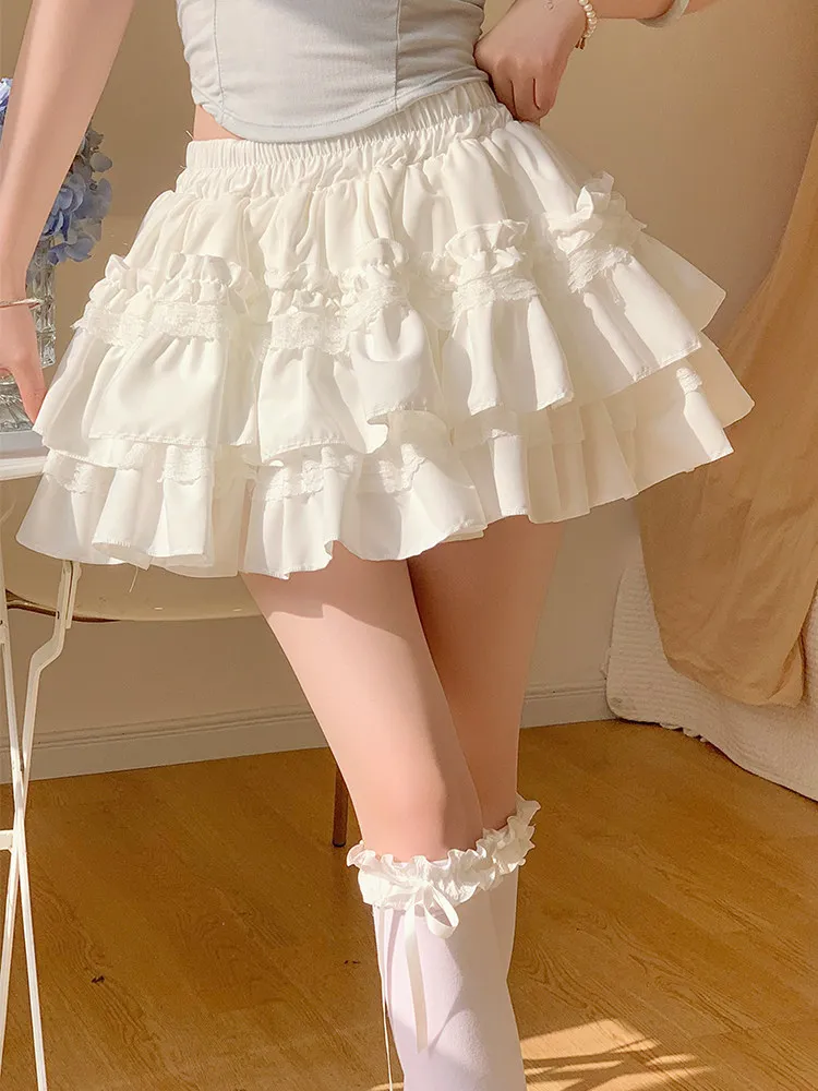 Sweet French-style Women White Lace Cake Puffy A-line High-waisted Slimming Anti-peeping Ballet Short Skirt Mini Skirt