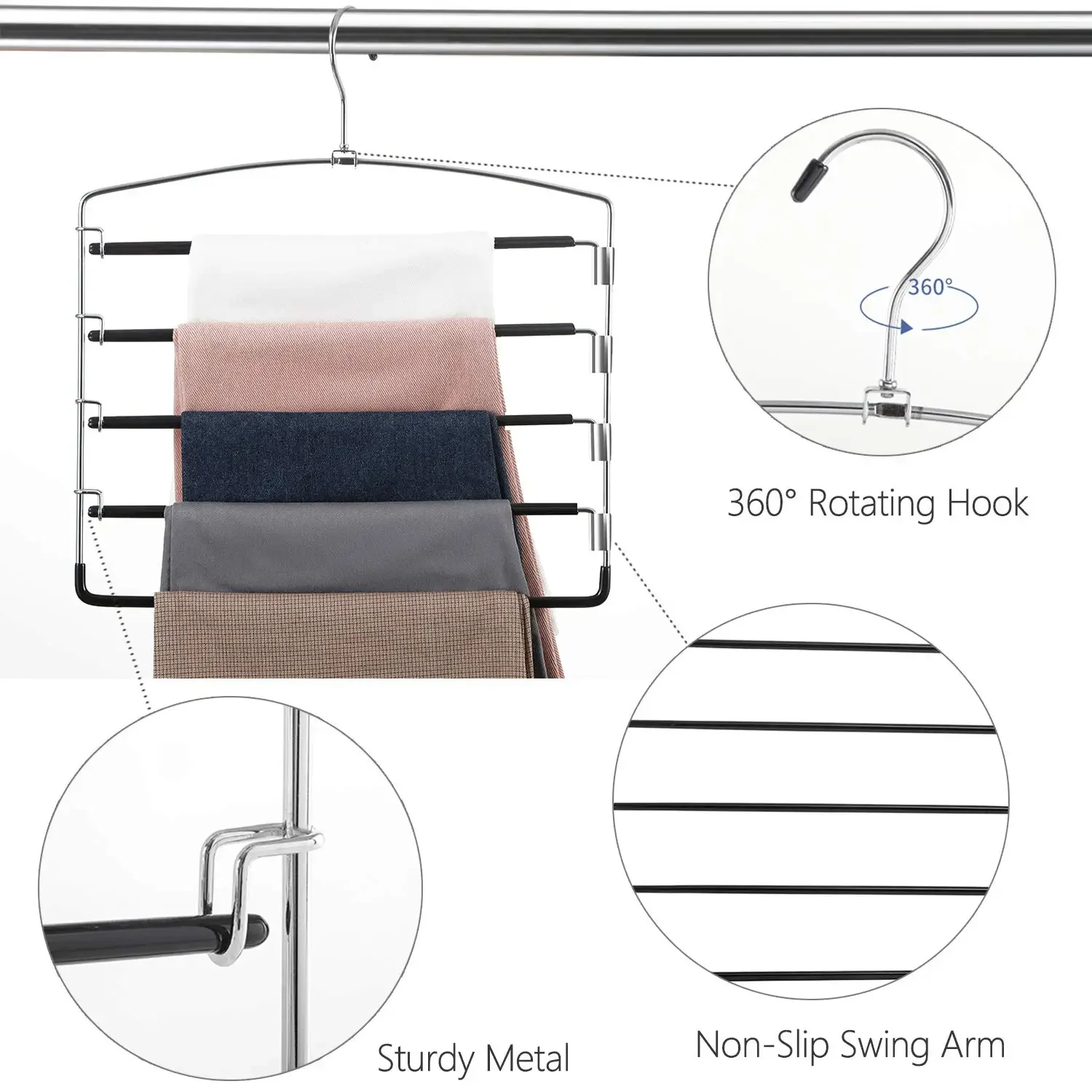 Multi-Layer Swing Arm Pants Rack Stainless Steel Space Saver Hangers Closet Storage Organizer for Jeans Trouser Tie Slack Clothe