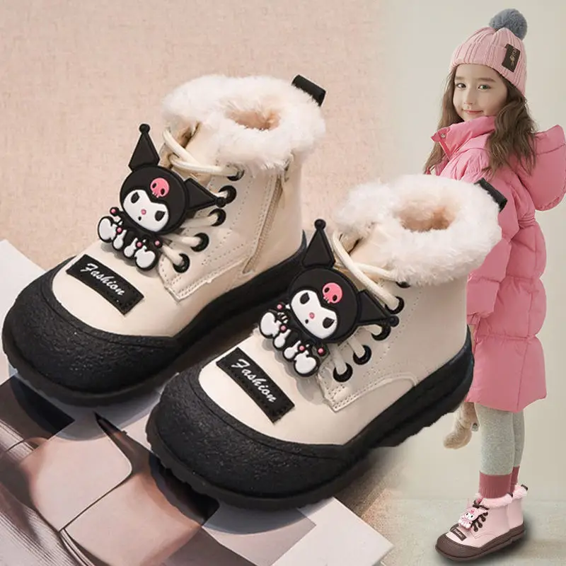 Kuromi Girls Snow Boots Sanrios Anime Kawaii Cartoon Winter Fur Integrated Plush Thick Cotton Shoes Martin Boots Holiday Gift