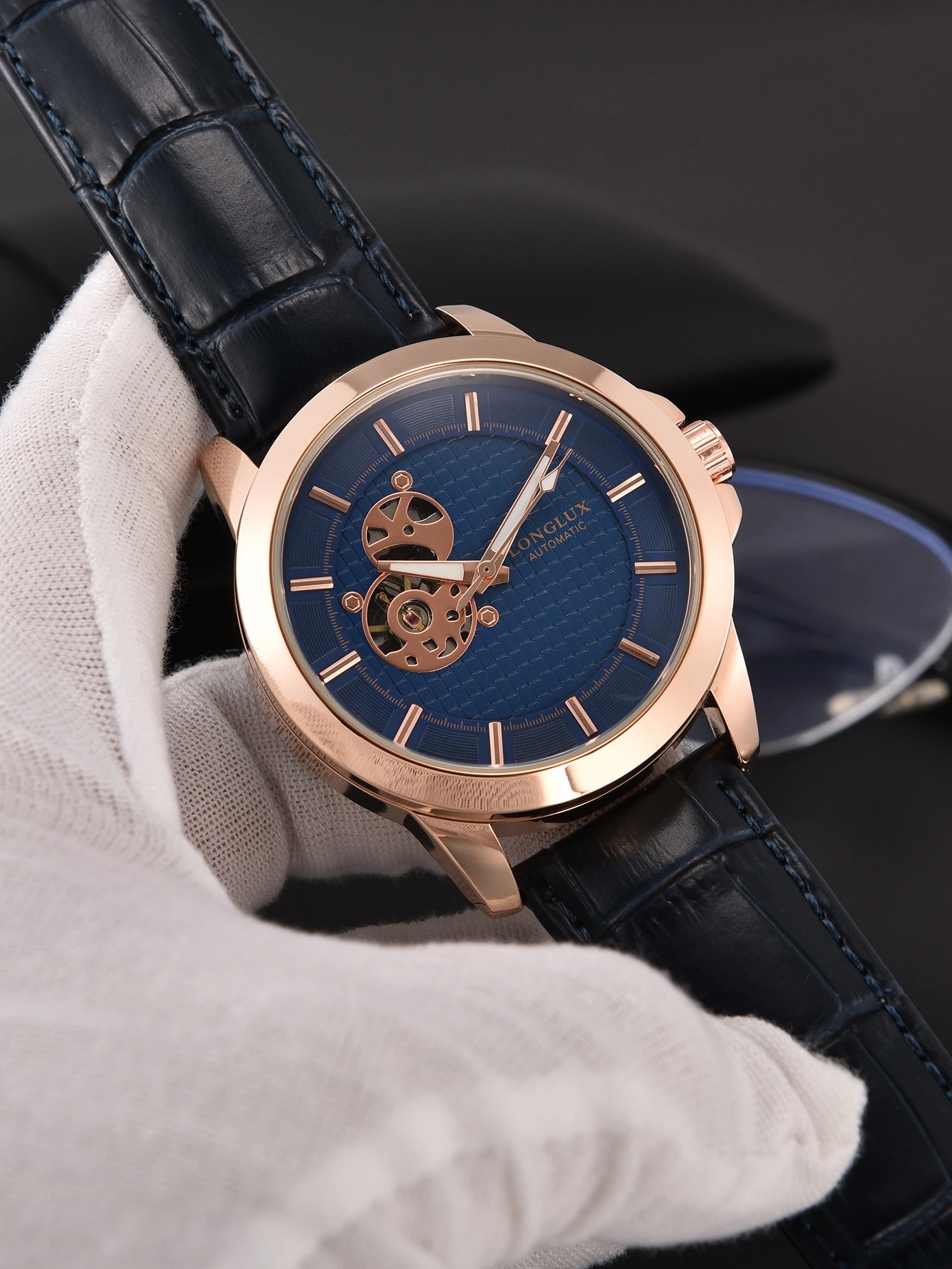 LONGLUX Automatikuhr Luxuriöse Elegante Retro Skelett Wasserdichte Mechanische Uhr Roségold Leder Herrenuhr Geschenk für Sie