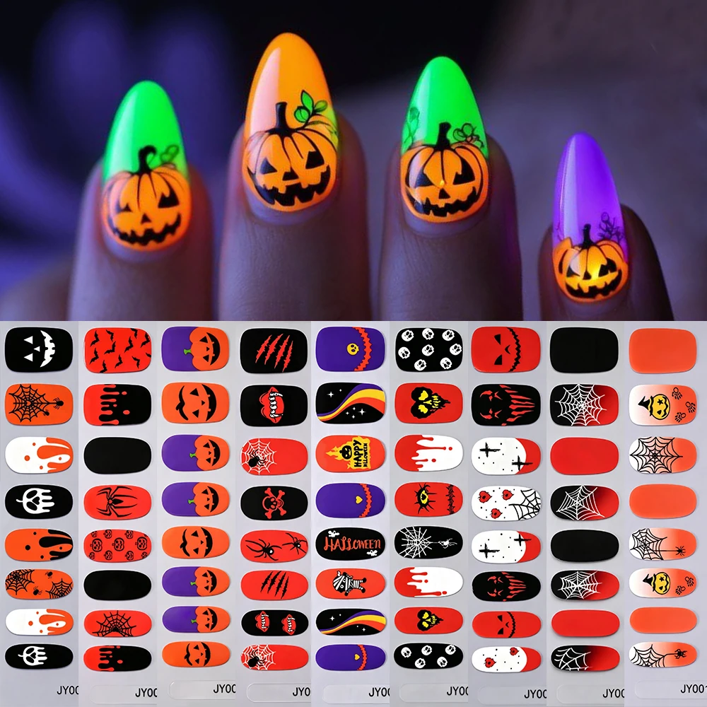 16Tips/Sheet Glow In The Dark Pumpkin Halloween Full Nail Wraps Ghost Skeleton Spider Web Bat Full Cover Nail Polish Strips Deca