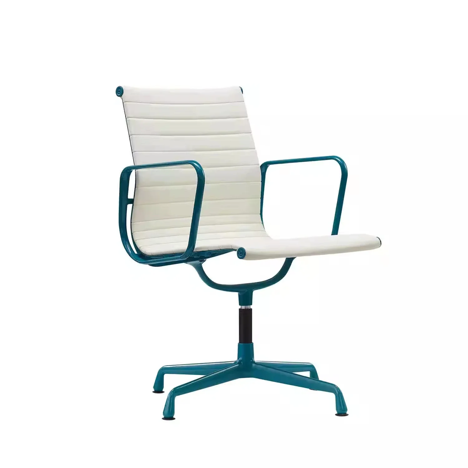 EA104 Blue Powder Coated  Aluminum Ribbed Chair  White PU Adjustable Fixed Height Revolving Office Chair without Castors