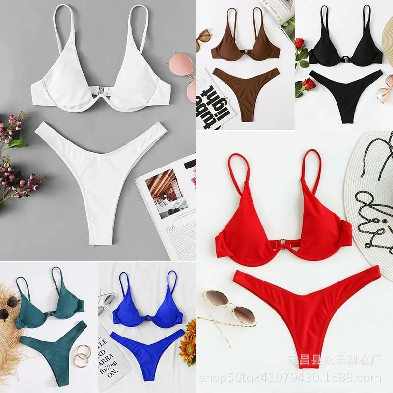 Summer Swimwear Bikini Triangle Top Thong Bottom Padded Bikinis Solid Color High Stretch Swimsuit Two Piece Women's Beach Sets