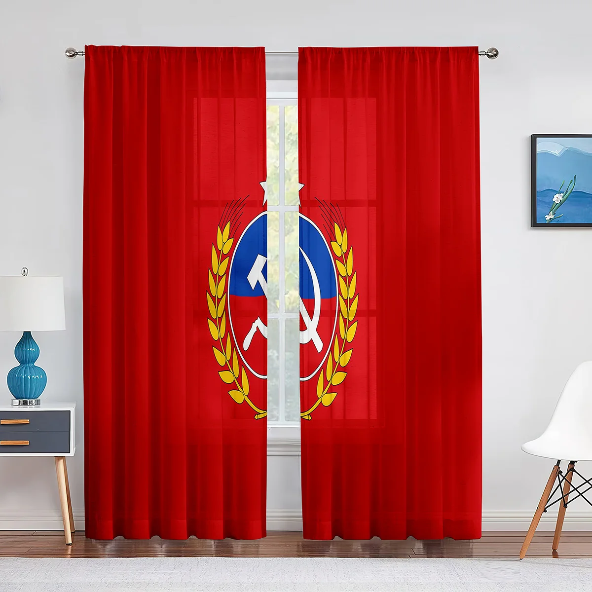 Soviet Union CCCP USSR Emblem Red Tulle Curtains for Living Room Bedroom Decoration Chiffon Sheer Voile Kitchen Window Curtain