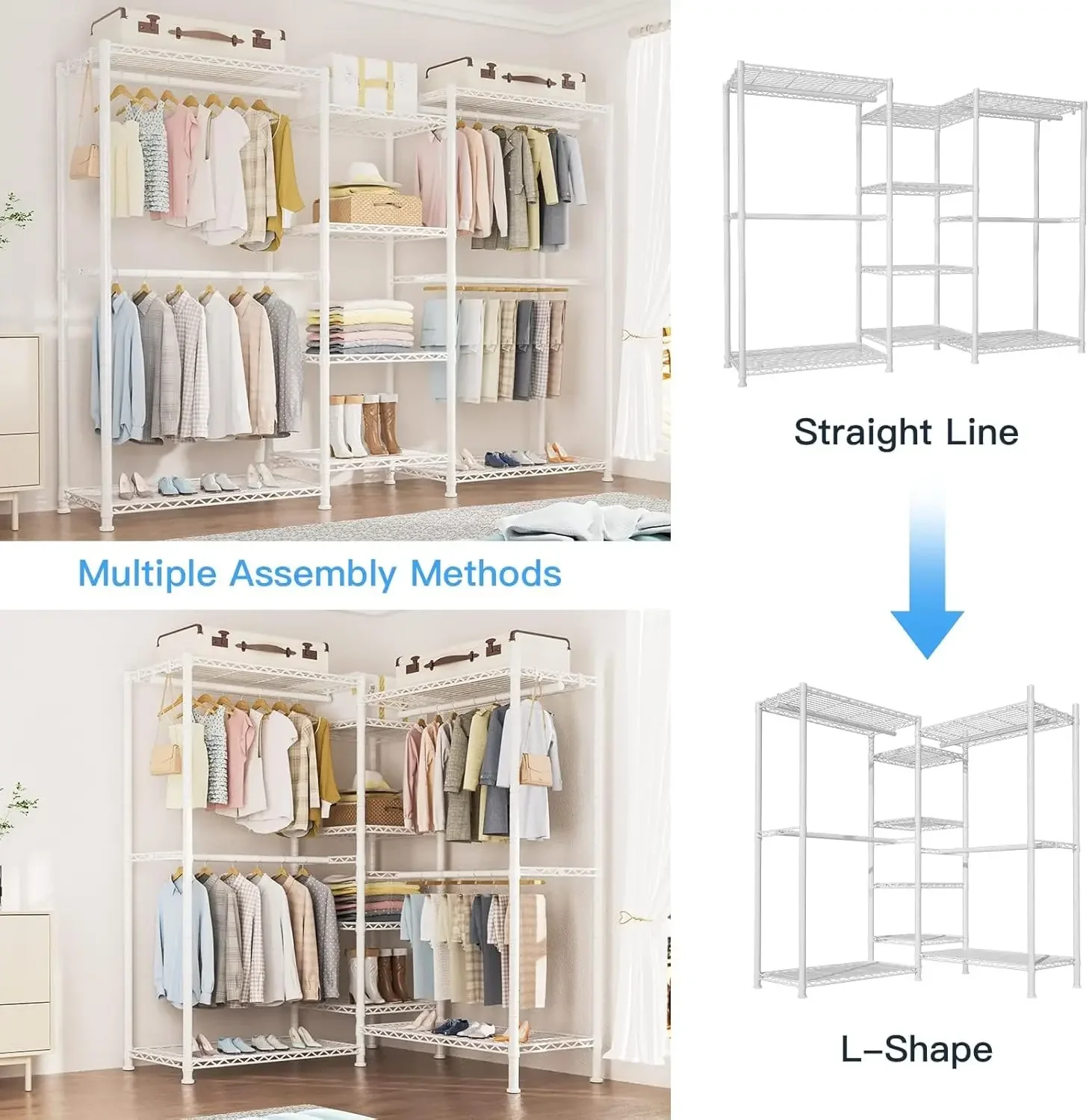 Garment Rack, Freestanding Closet Organizer and Storage System, Heavy Duty Clothing Wardrobe with 8 Shelves and 4 Hanger