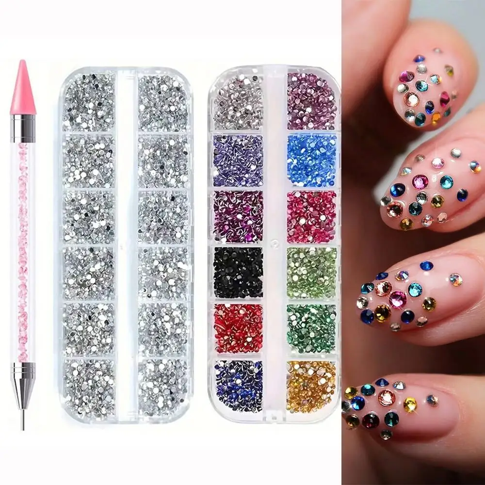 2박스 3D 컬러풀 네일 아트 라인스톤+1개 도팅 펜 멀티 사이즈 플랫백 다이아몬드 네일 아트 장식 DIY 매니큐어 액세서리