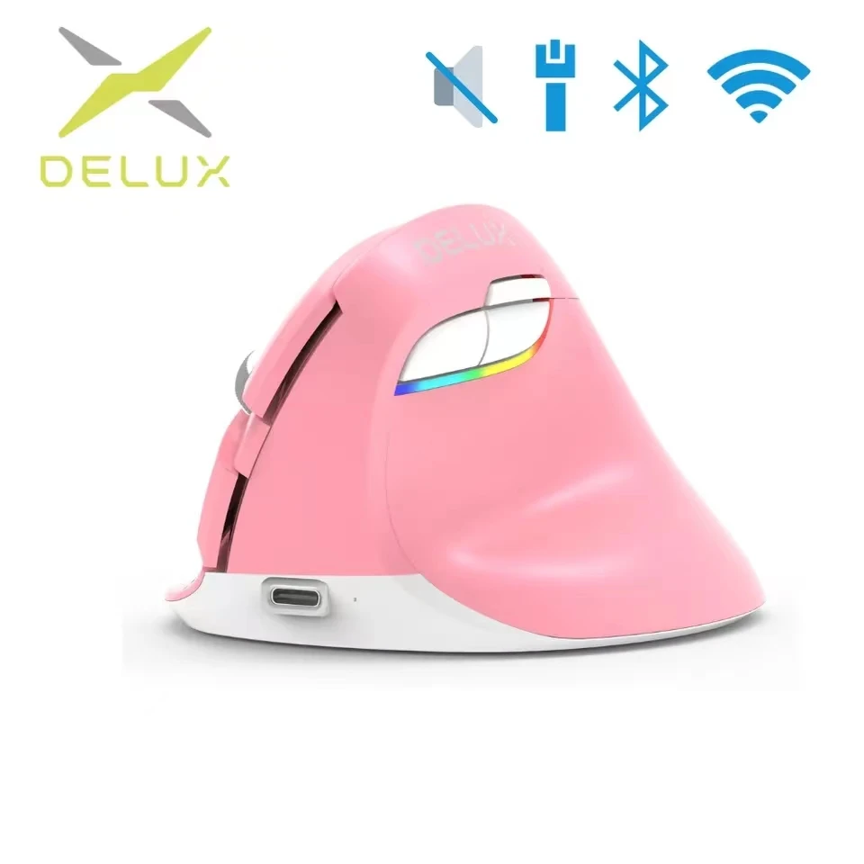 

Мышь Компьютерная Delux M618 Mini BT + USB Беспроводная с бесшумным кликом, эргономичная перезаряжаемая Вертикальная с RGB подсветкой для маленьких рук