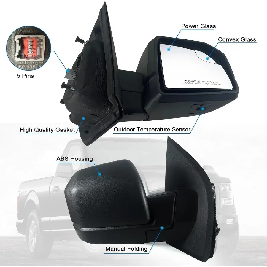 Specchietto laterale passeggero destro con sensore di temperatura esterna in vetro elettrico e pieghevole manuale per 20152020 F150 senza indicatori di direzione