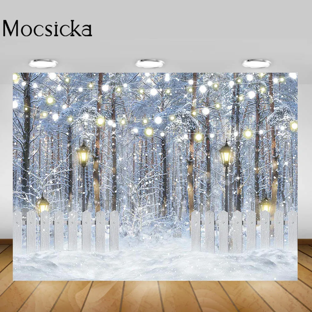 

Mocsicka Winter Forest Photography Background Snow Snowfield White Fence Lights Child Portrait Photo Backdrops Studio Background