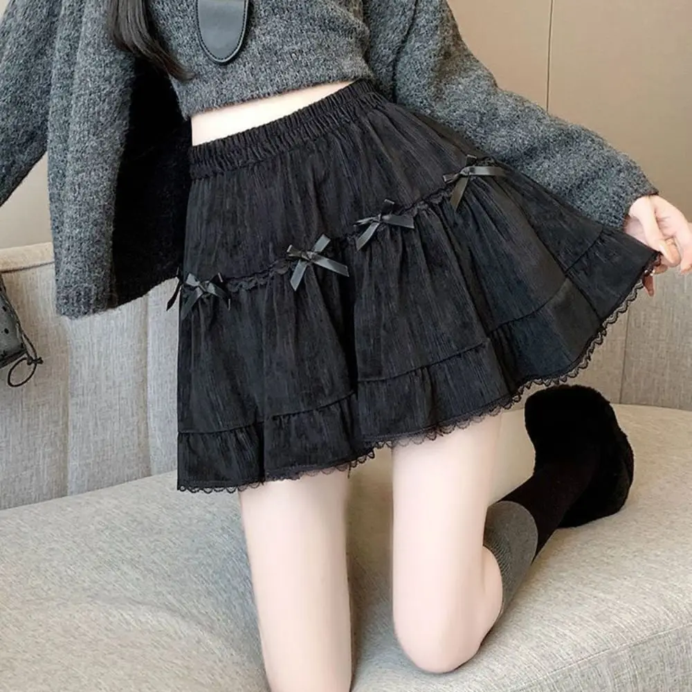 High Waist Girls Short Mini Skirt with Safety Pants Loose Bowknot A-line Skirt Ruffle Cake Dress Lace Pleated Mini Skirts Lady