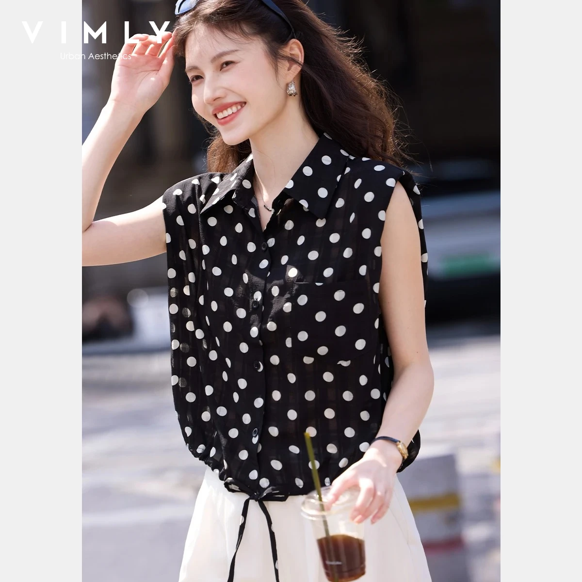 

VIMLY Women's French Polka Dot Shirt Summer 2026 New Fashion Sleeveless Light Luxury Versatile Black Top Daily Outfit 31163