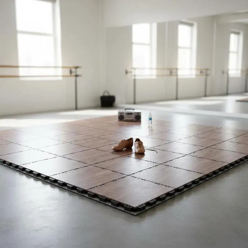

Portable Flooring 12.4 x 12.4 in For Party Event Home Studio, Interlocking Tile Cushioned Base Oak Wood Grain 25 Piece Set