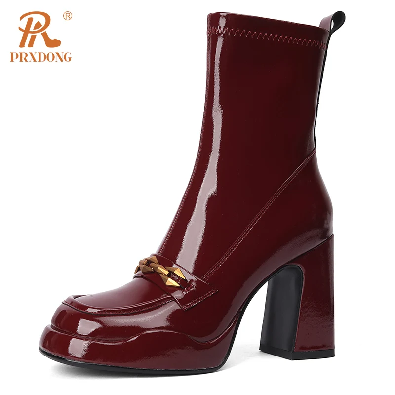 PRXDONG 2023 New Fashion Autumn Winter Shoes Square High Heels Platform Black Wine Red Dress Party Female Ankle Boots Size 34-39