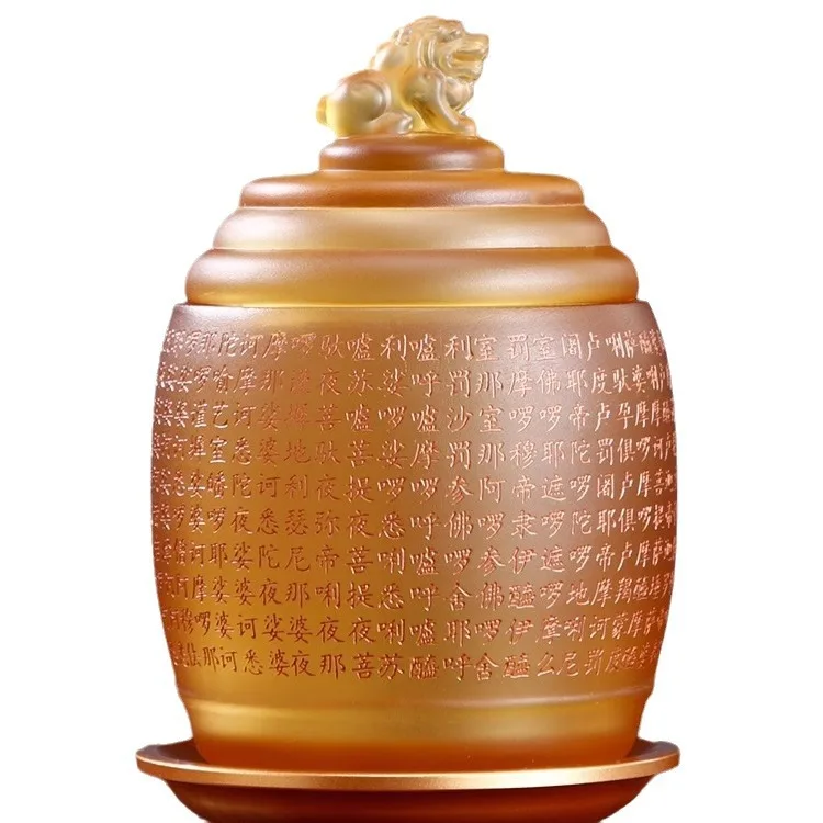 Buddhist Glass Water Supply Cup Great Compassion Mantra Inscribed Buddha Offering Cup for Home Altar