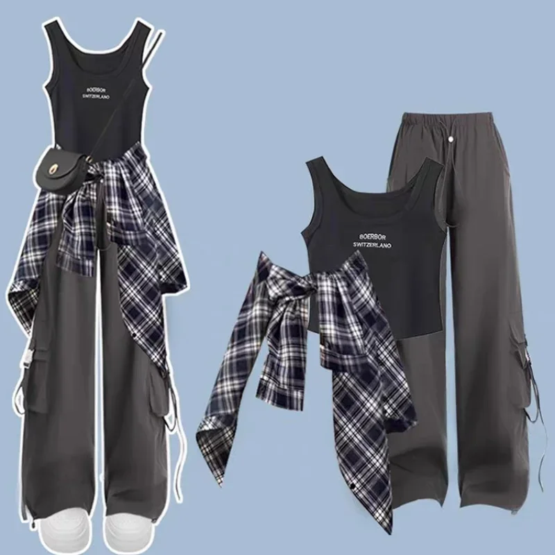

Spring Autumn Women Casual Plaid Shirts Letter Vest Cargo Pants Three Piece Set Lady Blouse Tank Tops Trousers Outfits 2025