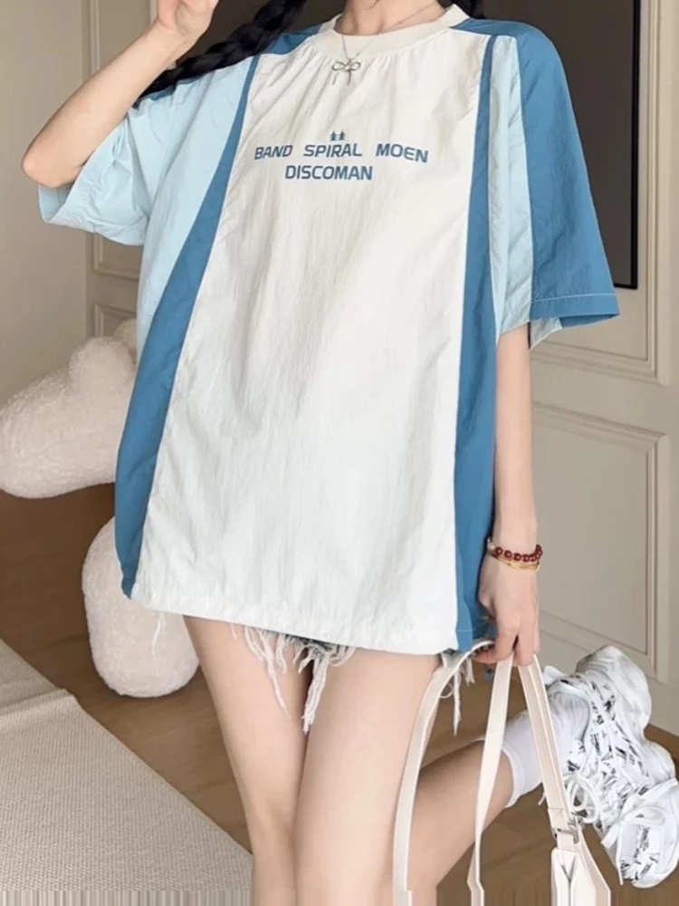 

ADAgirl Retro Sport Oversized T Shirts for Women Contrast Patchwork Raglan Short Sleeve Tops Quick Drying Drawstring Summer Tees