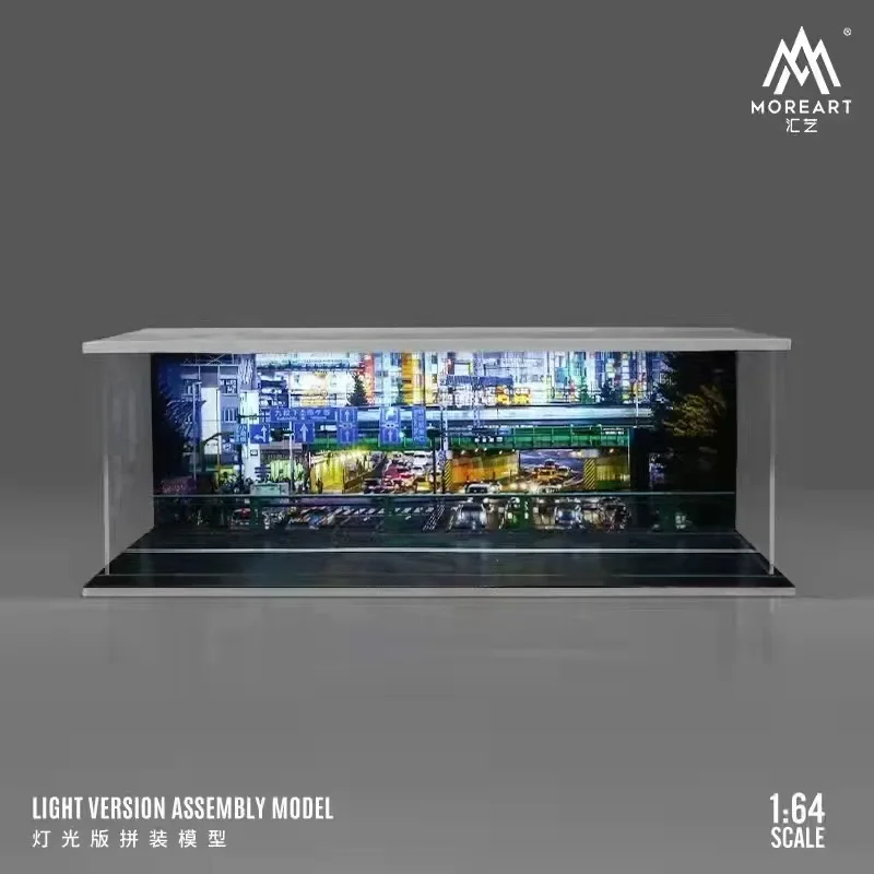 MOREART Model garasi mobil, 1:64 skala Diorama rakitan lampu LED tempat parkir mobil tampilan latar belakang Model koleksi mainan