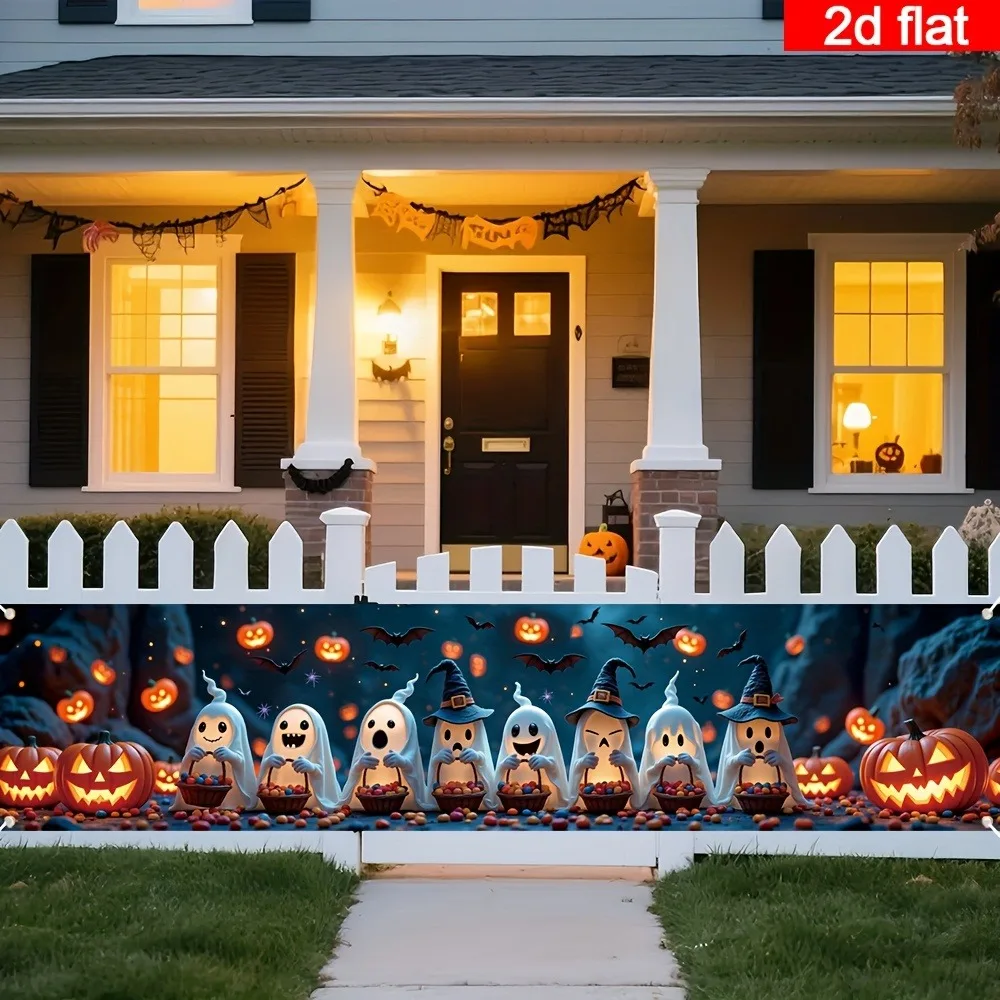 Fröhliches Halloween-Zaunbanner, Niedlicher Geister-Hexenhut, Süßigkeiten-Kürbislaterne, Fledermaus-Druck, Lange Hängeflagge für Garten und Außendekoration – Detail 4